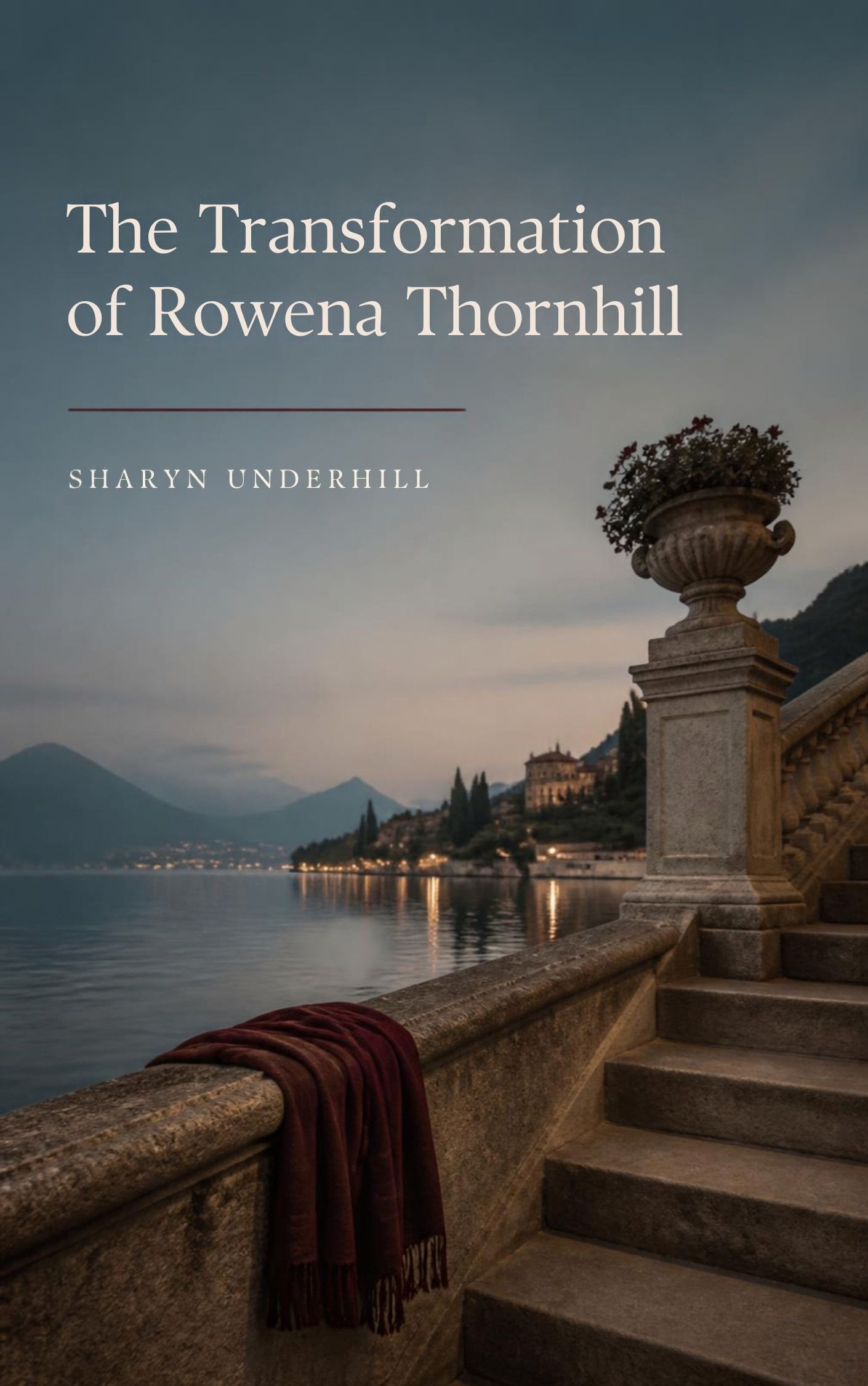 Cover of The Transformation of Rowena Thornhill: a stone balustrade above a lake at dusk, a claret wrap draped over the rail